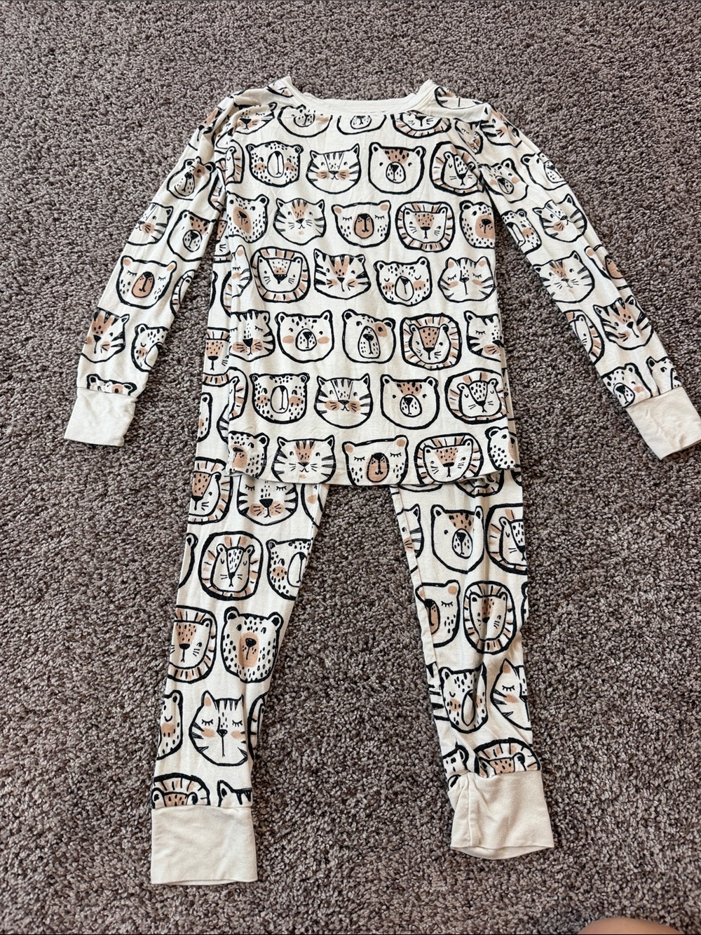 Kids Cream Animal Face Pajama Set - Long Sleeve Top & Pants
